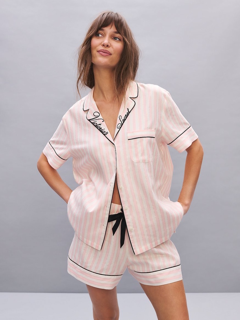 Victoria's Secret Flannel Pajama Set S Pink White Striped Shorts Sleepwear